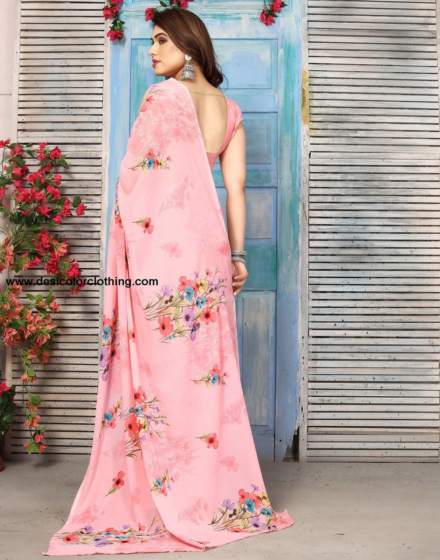 Pink Georgette Floral Printed Saree