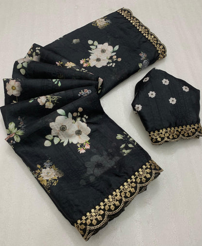 Product Image - Elegant Handloom Tussar Silk Digital Printed Saree with Embroidery