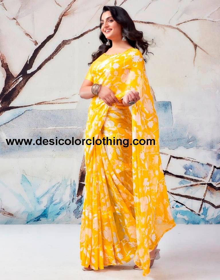 Yellow Georgette Printed  Saree
