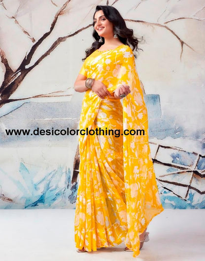 Yellow Georgette Printed  Saree
