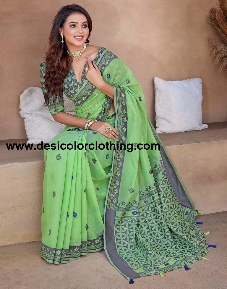 Pista Green Silk Plain Sarees