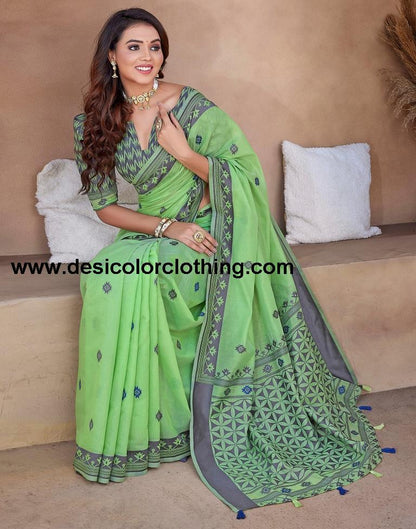 Pista Green Silk Plain Sarees