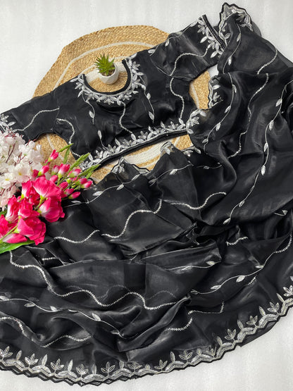 Product Image - Designer Zimmy Choo Silk Saree with Embroidered Border & Lehiriya Design