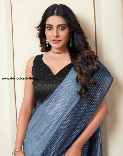 Blue Plain Georgette Pre-Draped Saree