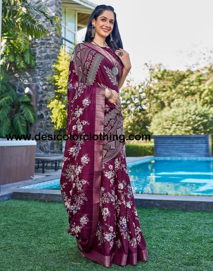 Wine Silk Printed Saree