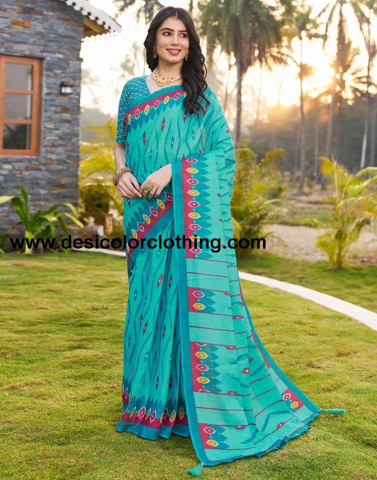 Blue Cotton Printed Ready To Wear