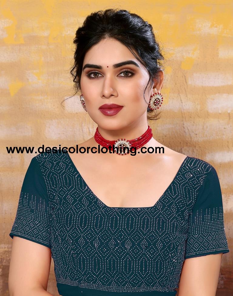 Dark Teal Blue Plain Georgette Saree