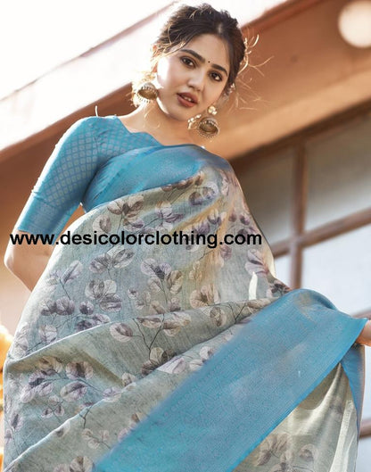 Dusty Green Silk Printed Sarees