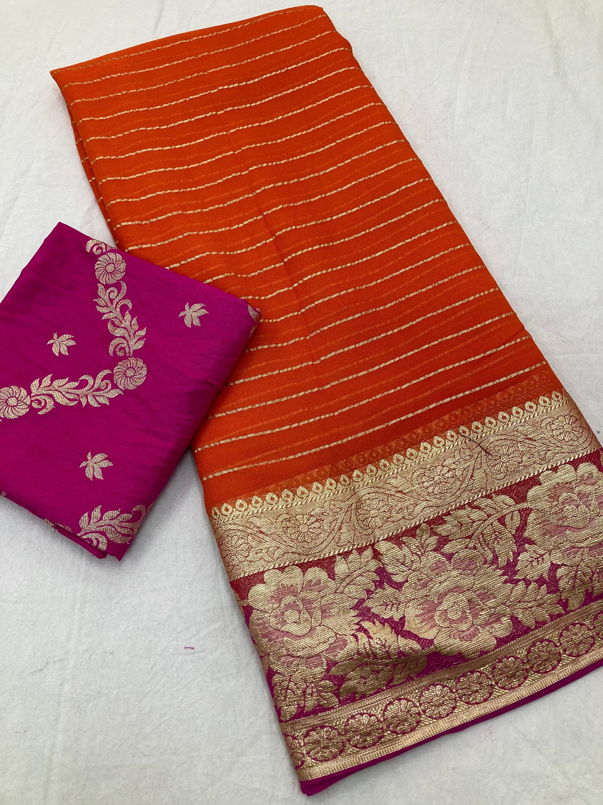 Product Image - Viscose Georgette Saree with Contrast Dola Banarasi Blouse | Designer Wedding & Festive Wear