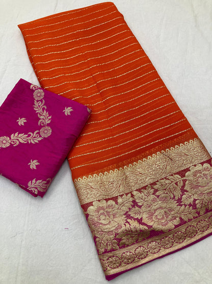 Product Image - Viscose Georgette Saree with Contrast Dola Banarasi Blouse | Designer Wedding & Festive Wear