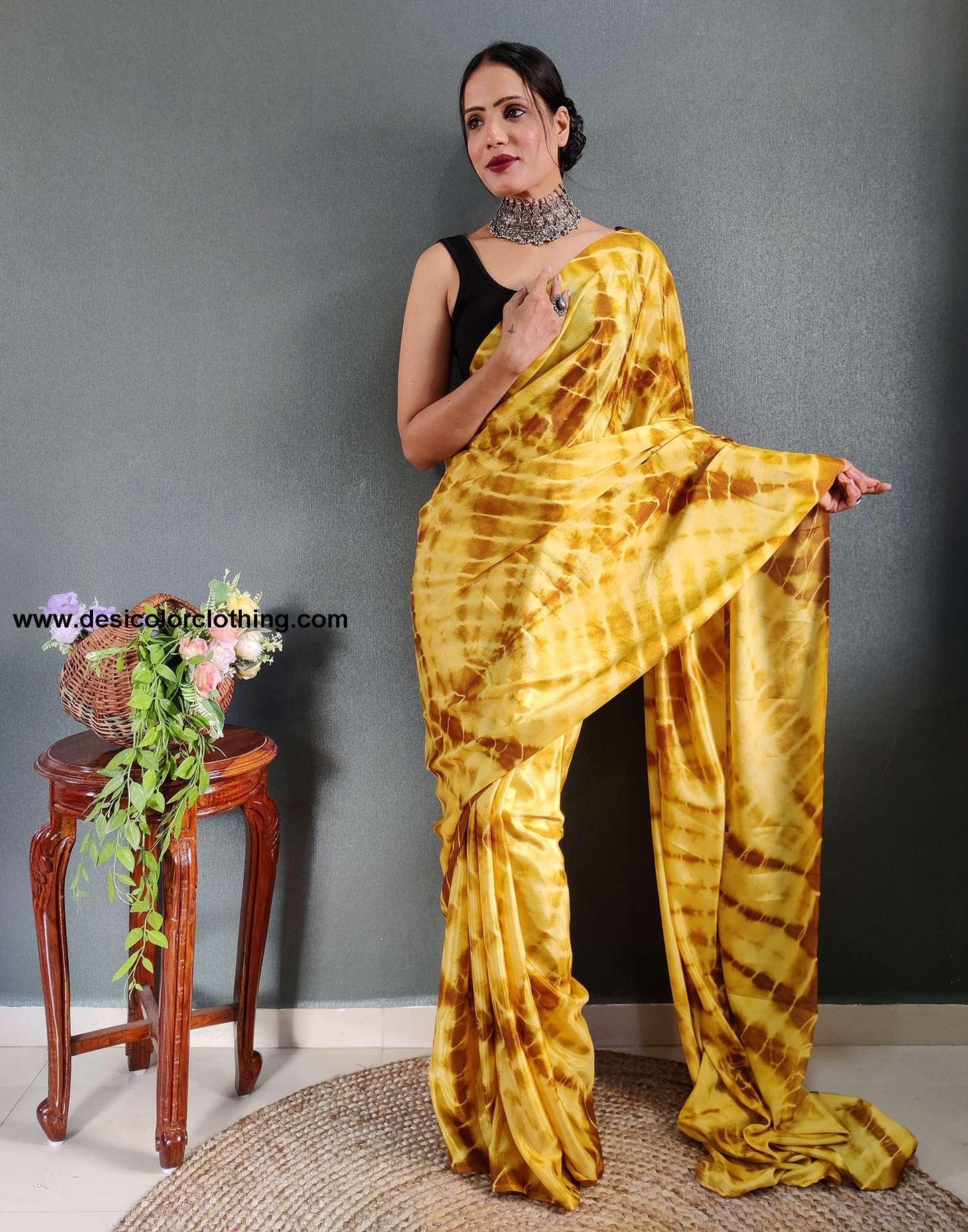 Yellow Printed Silk Pre-draped Saree