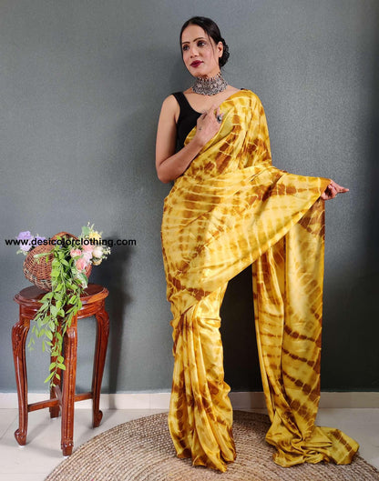Yellow Printed Silk Pre-draped Saree