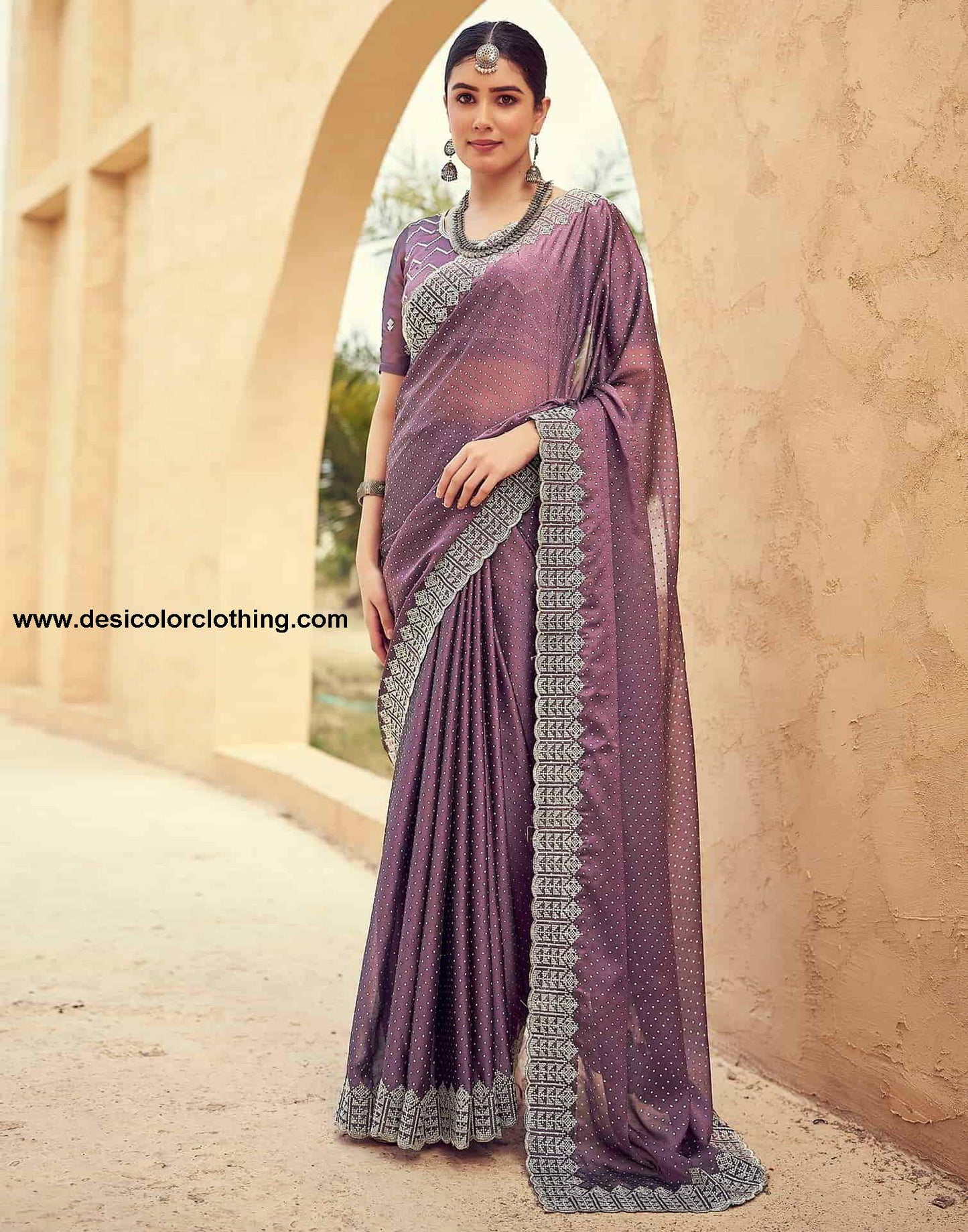Purple Swarovski Georgette Embroidery Saree