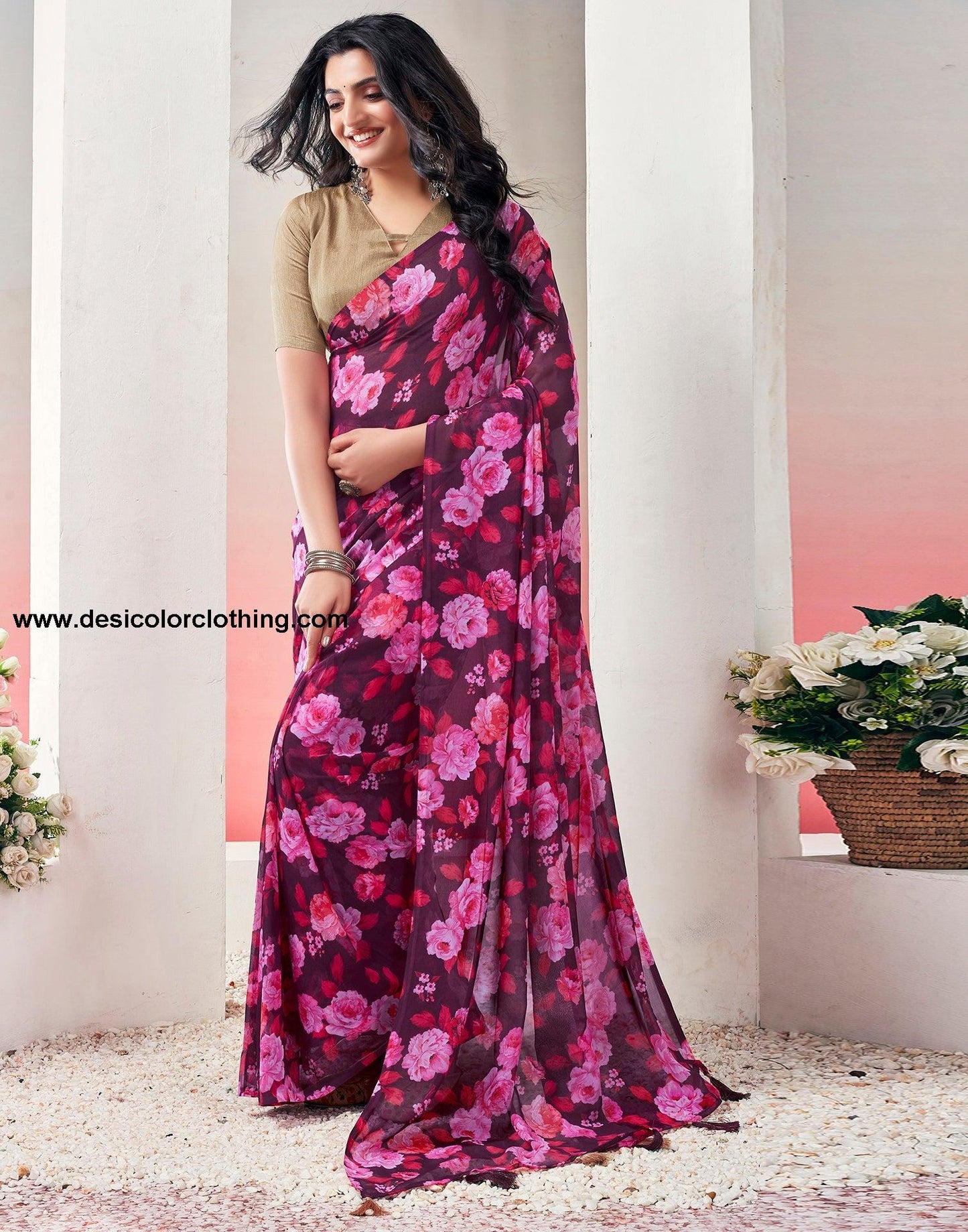 Wine Georgette Printed Ready to Wear Saree