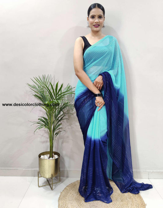 Black Banglori Silk Blouse & Blue Georgette Saree with Jari Stripes