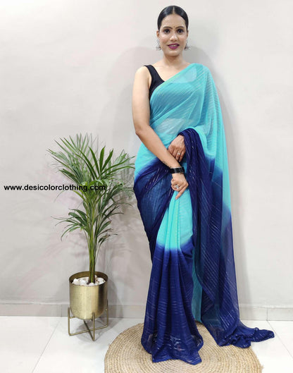 Black Banglori Silk Blouse & Blue Georgette Saree with Jari Stripes