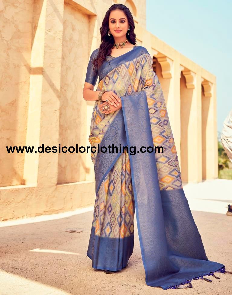 Blue Silk Printed Ready To Wear