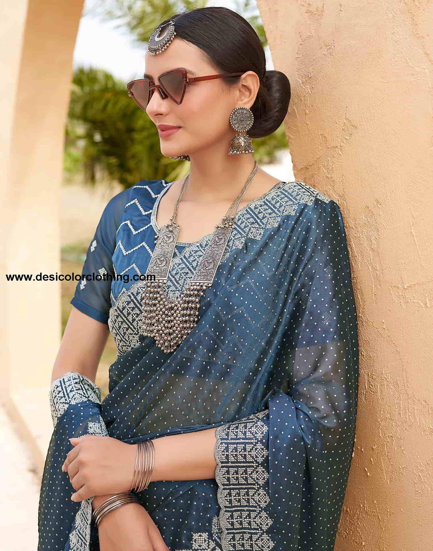 Blue Swarovski Georgette Embroidery Saree