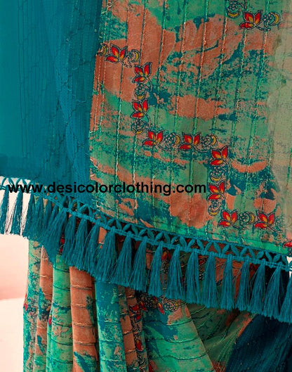 Rama Blue Printed Georgette Saree