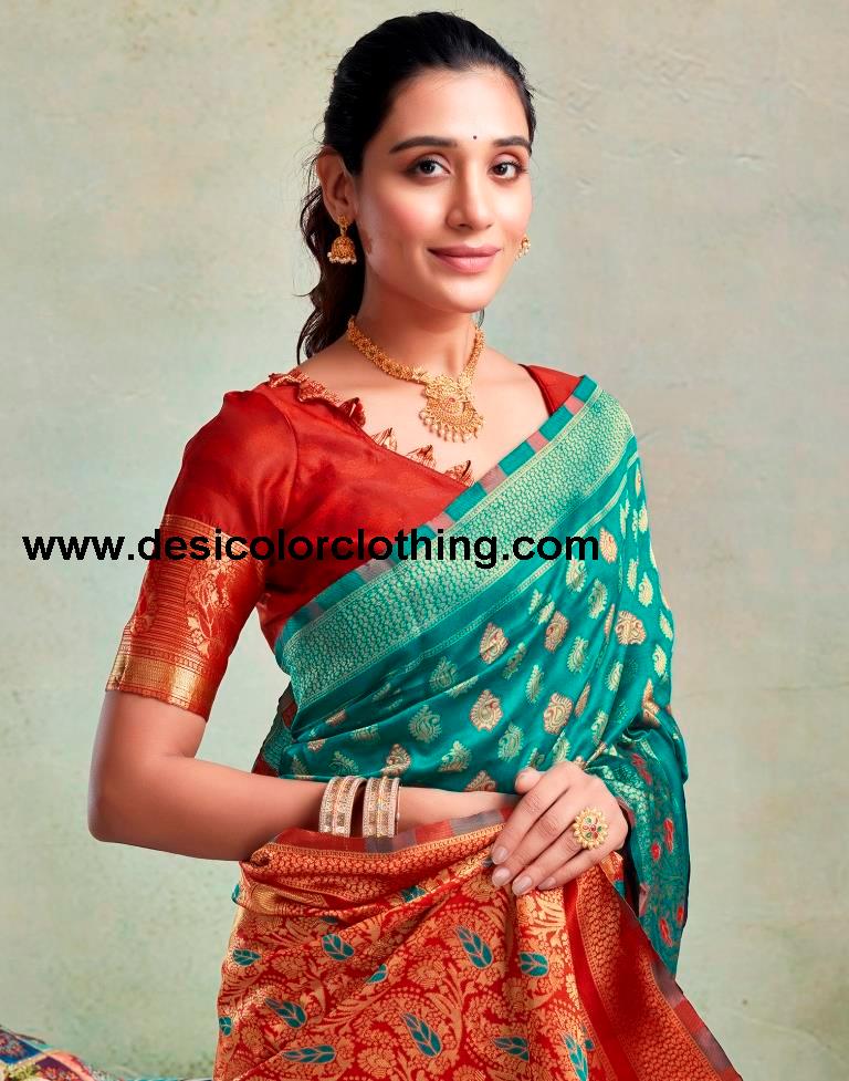 Teal Green Silk Woven Saree