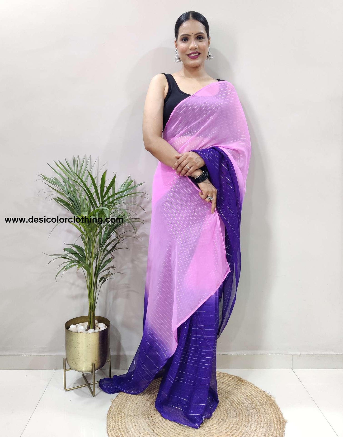 Pink Plain Georgette Pre-draped Saree