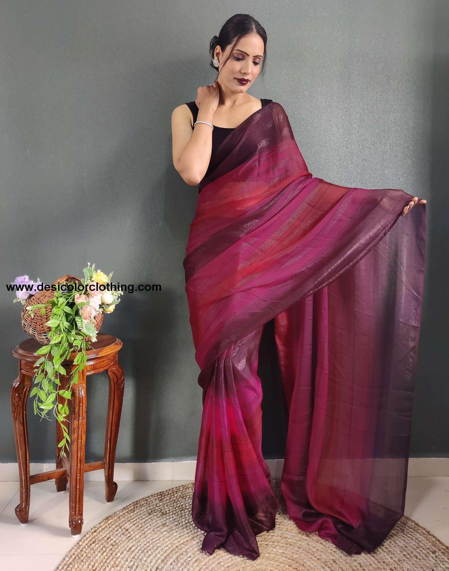 Pink Printed Georgette Pre-draped Saree