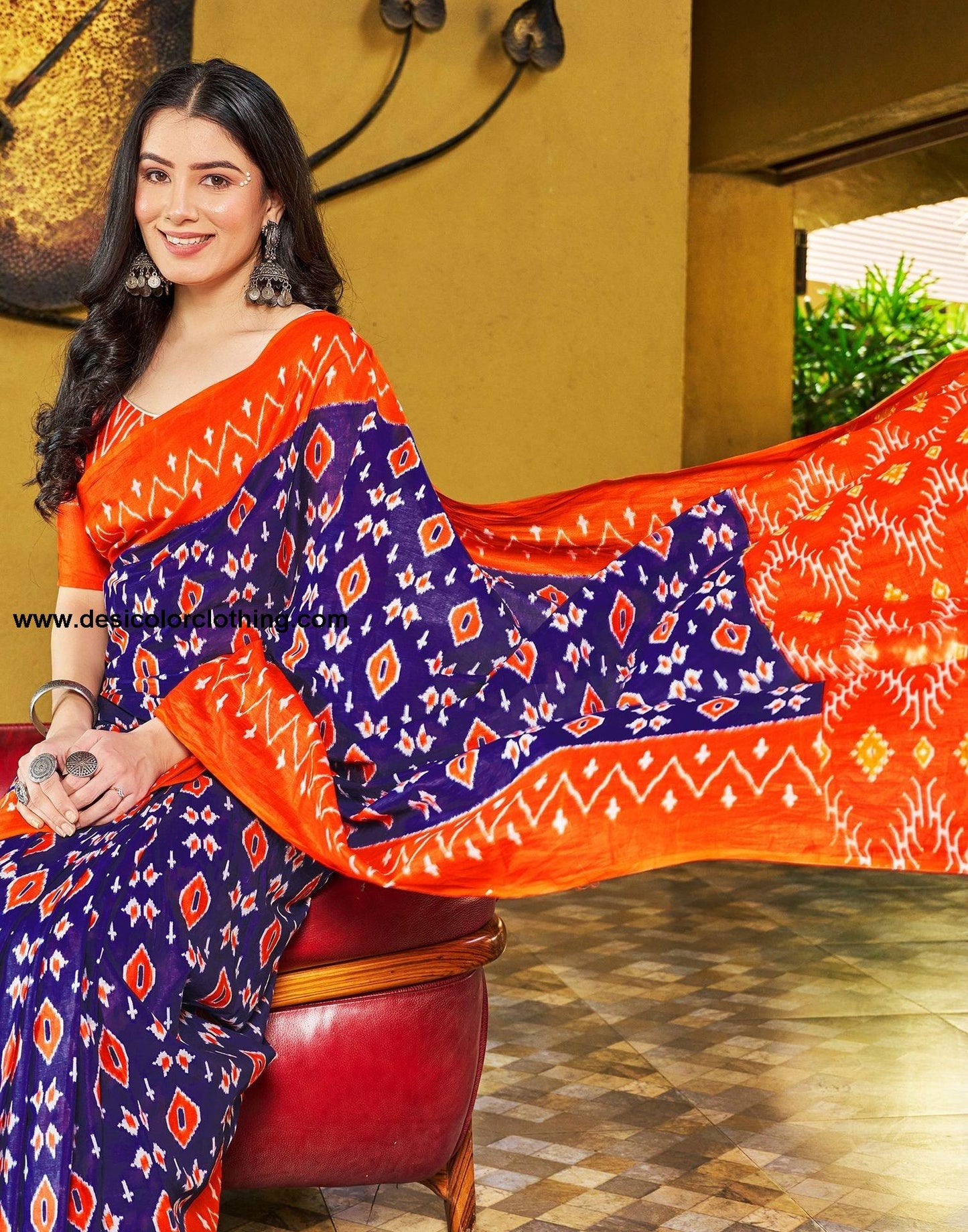 Violet Printed Cotton Pre-draped Saree