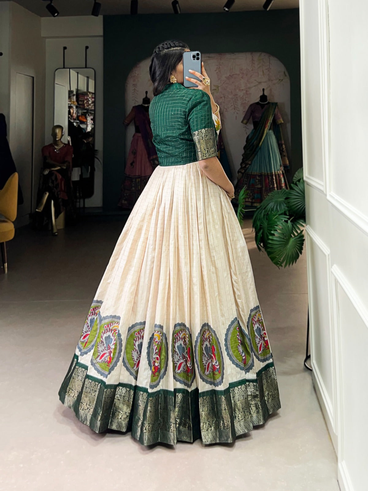 Product Image - Designer Dola Silk Gown with Kalamkari Print and Zari Weaving – Perfect for Weddings & Festive Occasions
