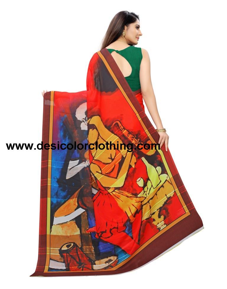 Red Coloured Georgette Digital Printed Casual saree