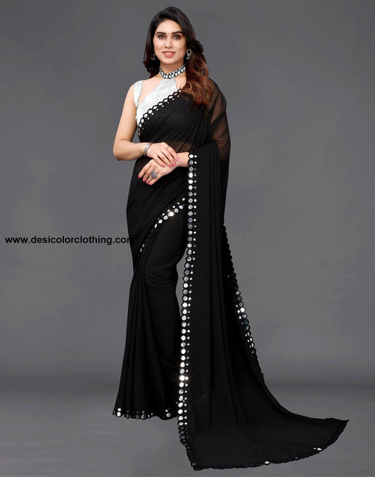 Black Georgette Mirror Work Saree