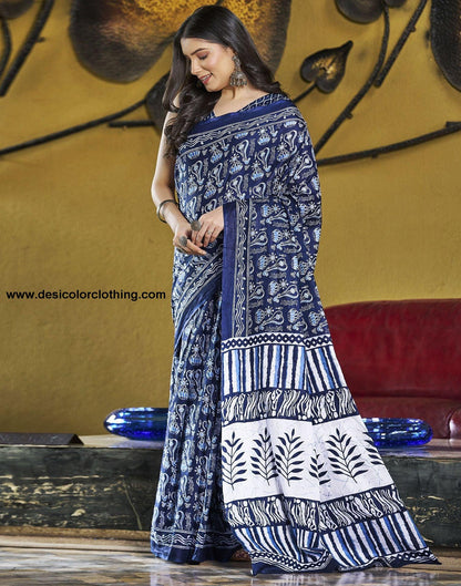 Dark Blue Printed Cotton Pre-Draped Saree