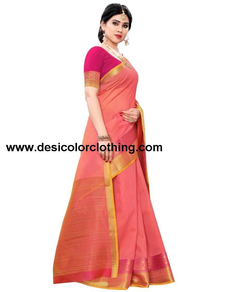 Coral Pink Coloured Jacquard Cotton Saree | SLV1554S123