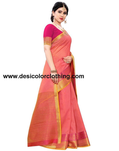 Coral Pink Coloured Jacquard Cotton Saree | SLV1554S123