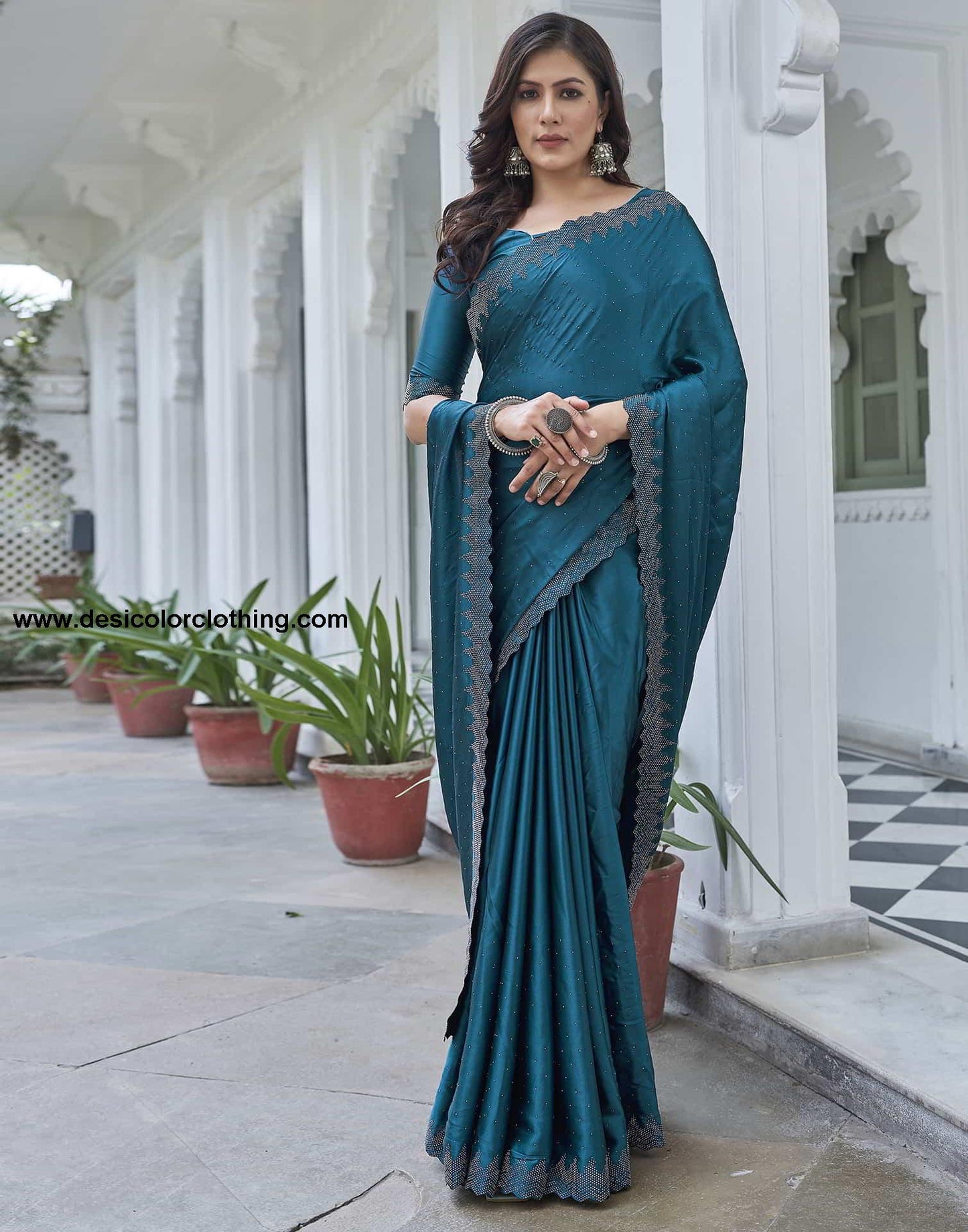 Blue Swarovski Satin Plain Saree