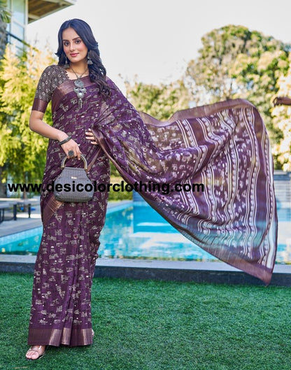 Deep Purple Silk Printed Saree