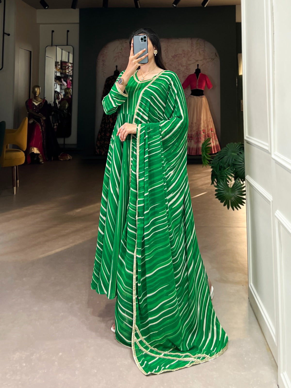 Product Image - Elegant Georgette Gown with Leheriya Print - Festive Wear