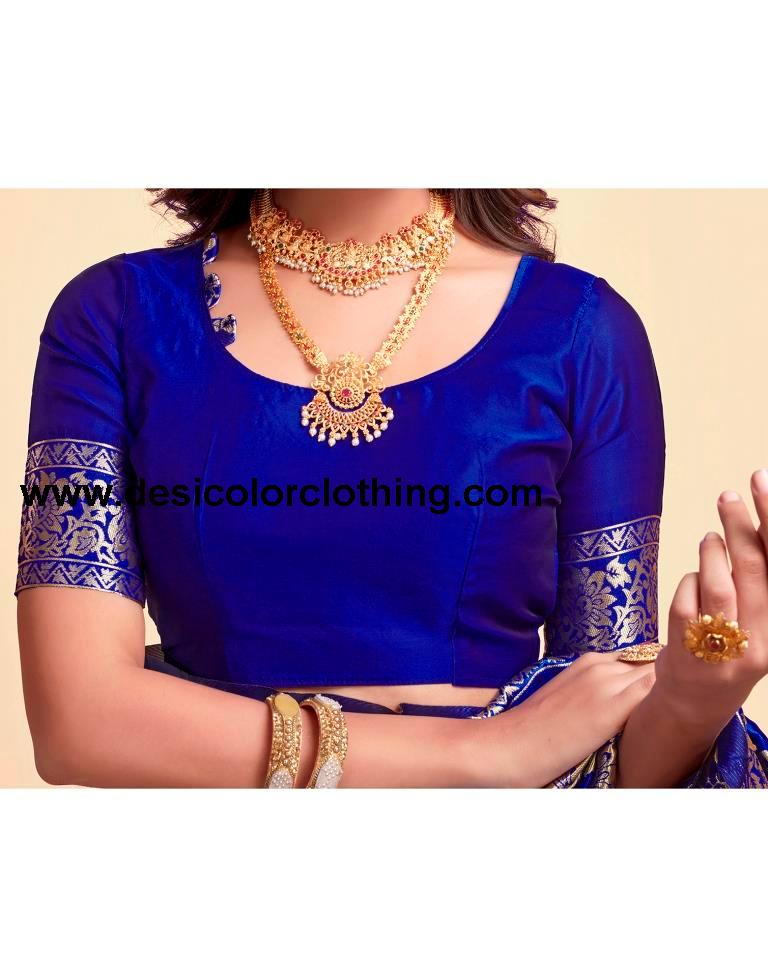 Dark Blue and Golden Silk Saree with Jacquard Border & Matching Blouse