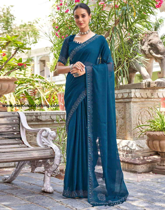 Blue Swarovski Chiffon Stone Work Saree