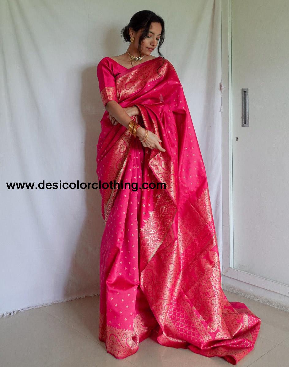 Pink And Golden Banarasi Silk Saree