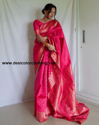 Pink And Golden Banarasi Silk Saree