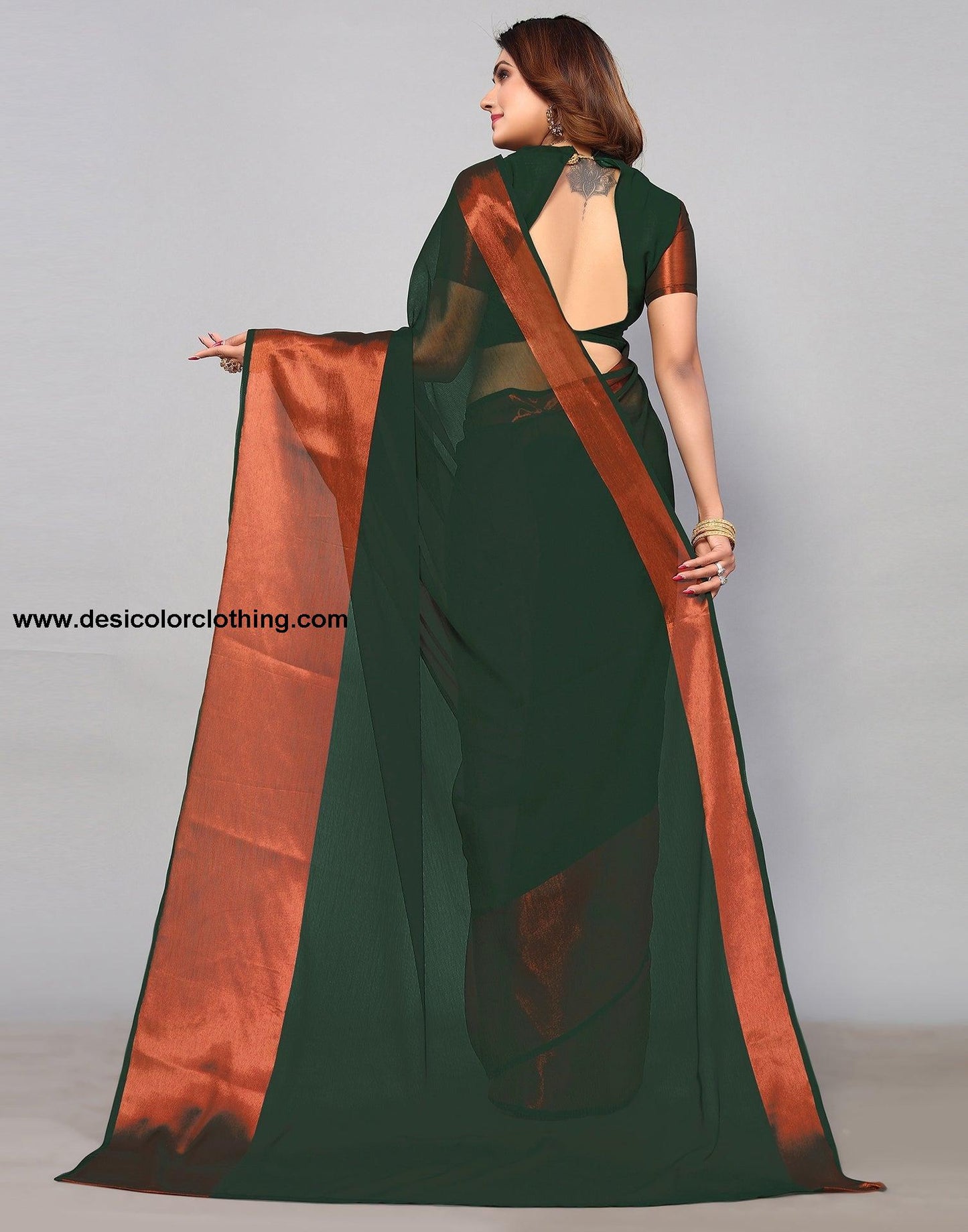 Dark Green Chiffon Plain Saree