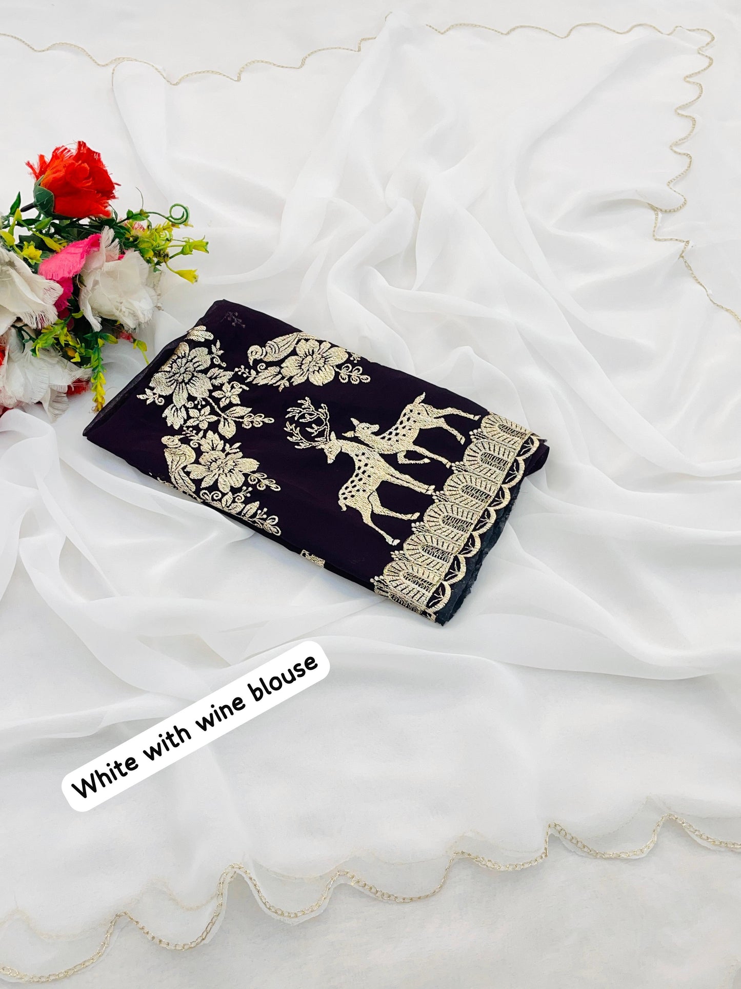 Product Image - White Georgette Designer Saree with Golden Work & Embroidered Blouse