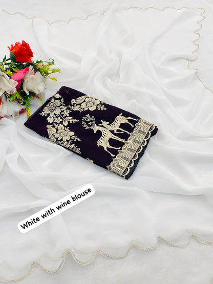 Product Image - White Georgette Designer Saree with Golden Work & Embroidered Blouse