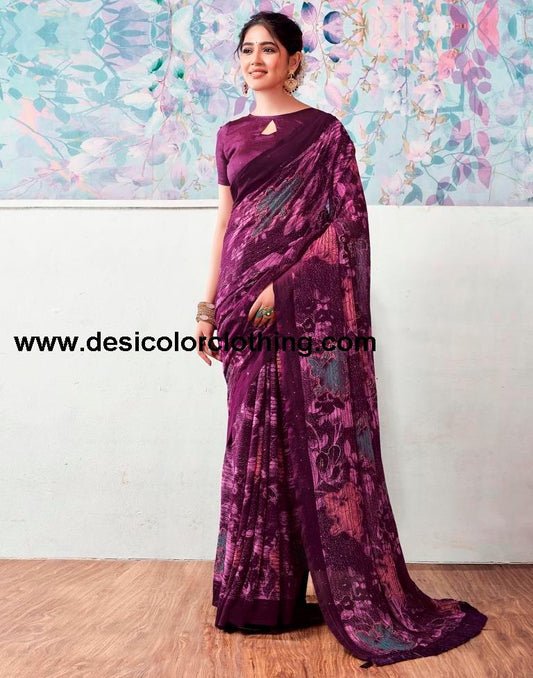 Deep Purple Georgette Printed Sarees