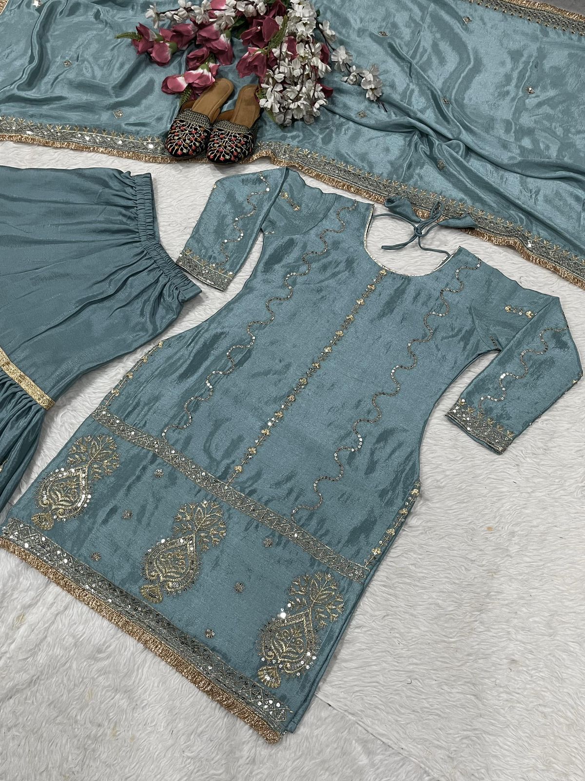 Product Image - Exclusive Designer Suit with Embroidered Chinon Silk