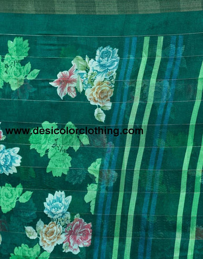Dark Green Cotton Printed Saree