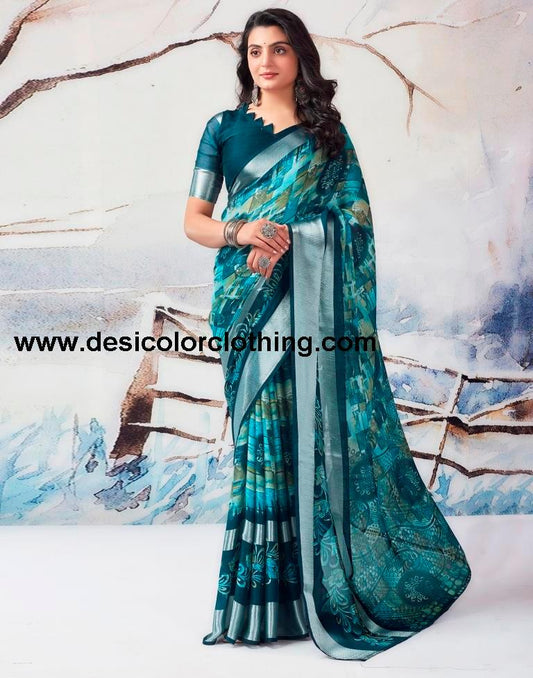 Blue Chiffon Printed  Saree