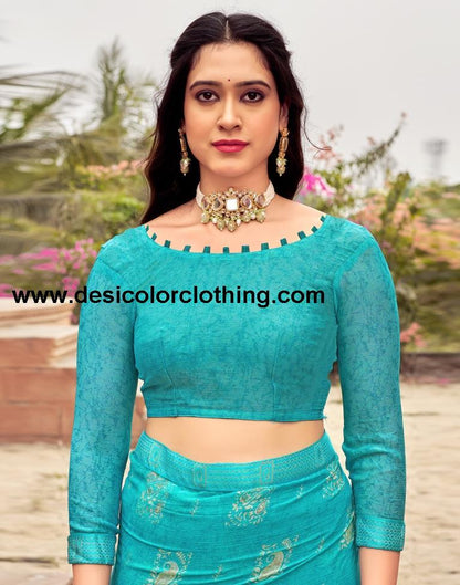 Blue Chiffon Printed Saree