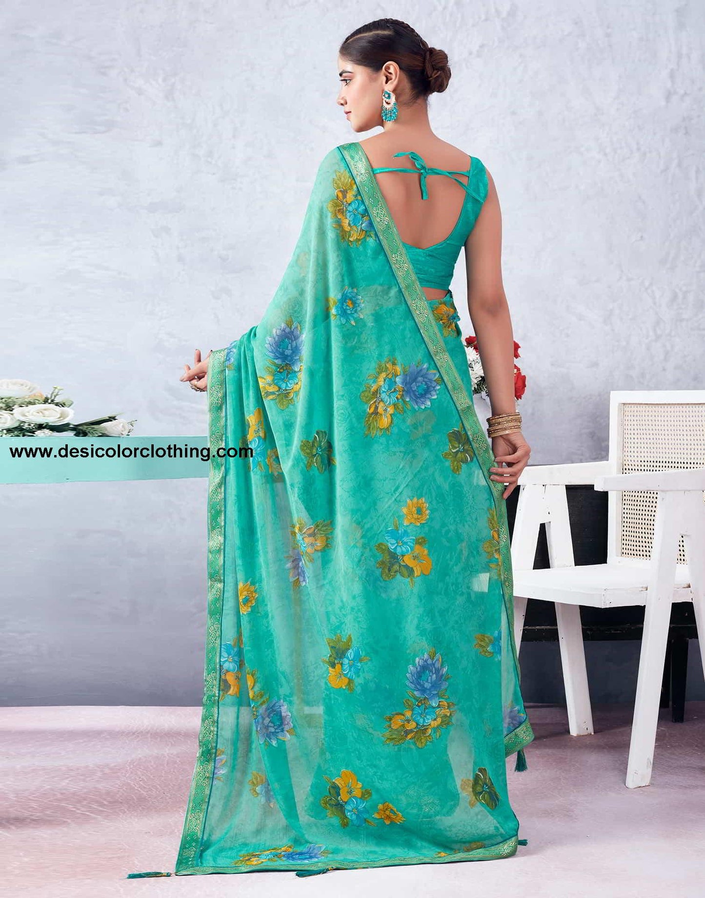 Turquoise Printed Chiffon Saree