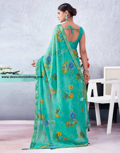 Turquoise Printed Chiffon Saree